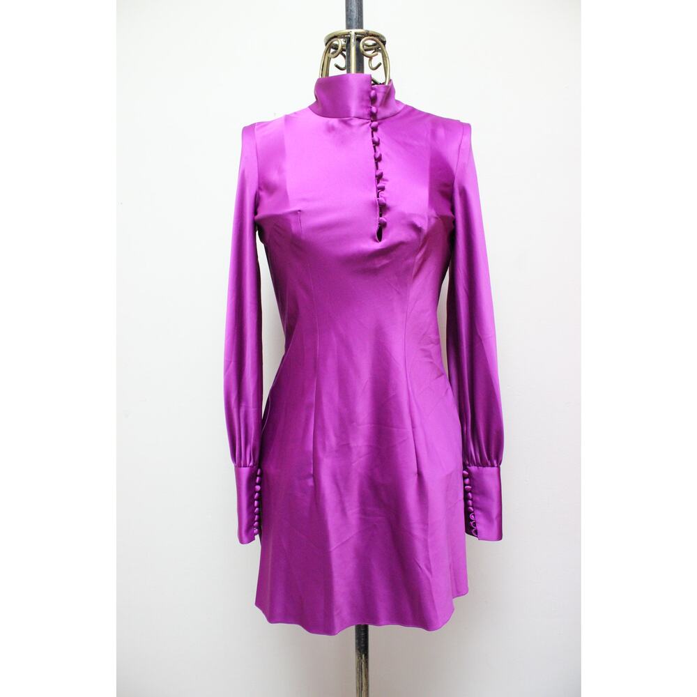 Onarin Purple Mandarin Satin Asymmetrical Button Long Sleeve Silk Dress XS